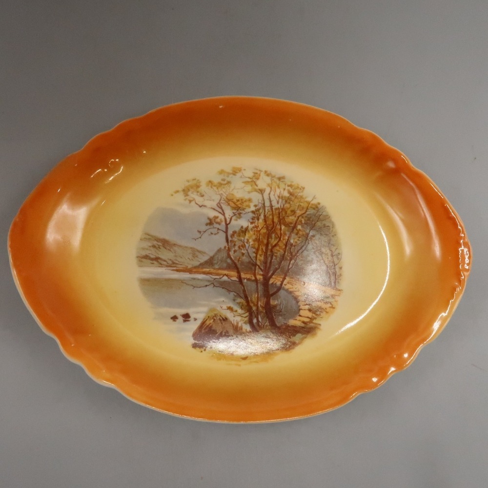 Oval 5" Plate‎ hand painted lake tree Orange edge by Pope Gosser